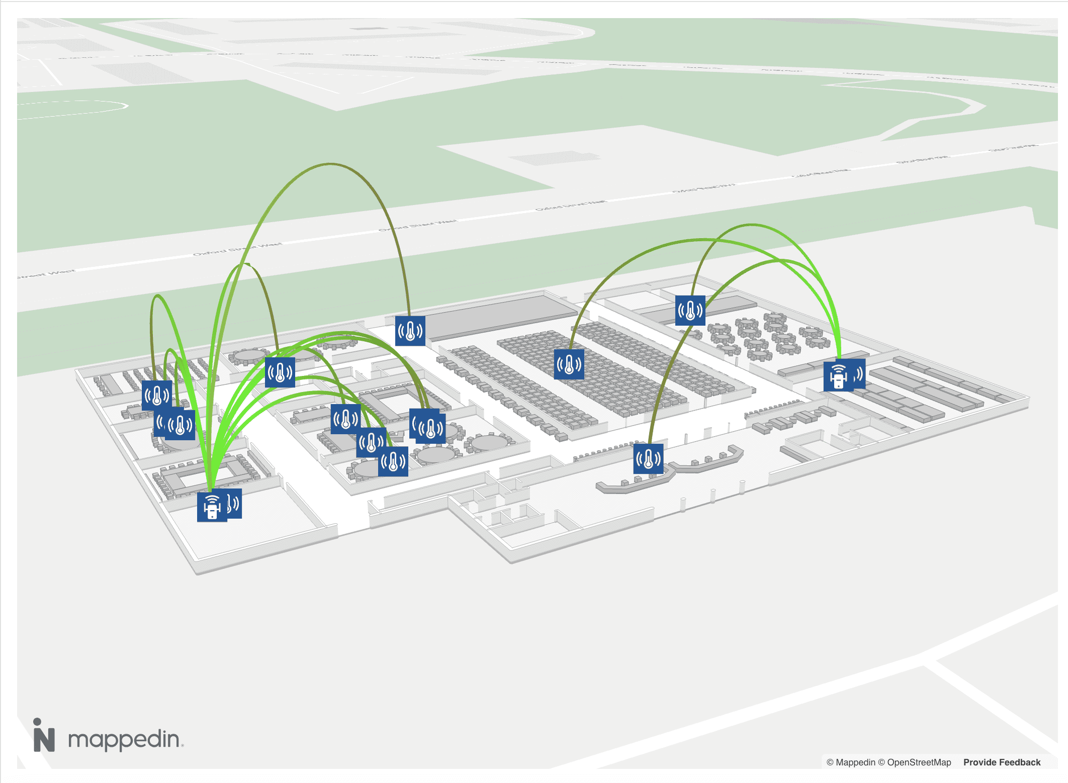Isometric building map with IoT sensor network visualization, powered by Mappedin