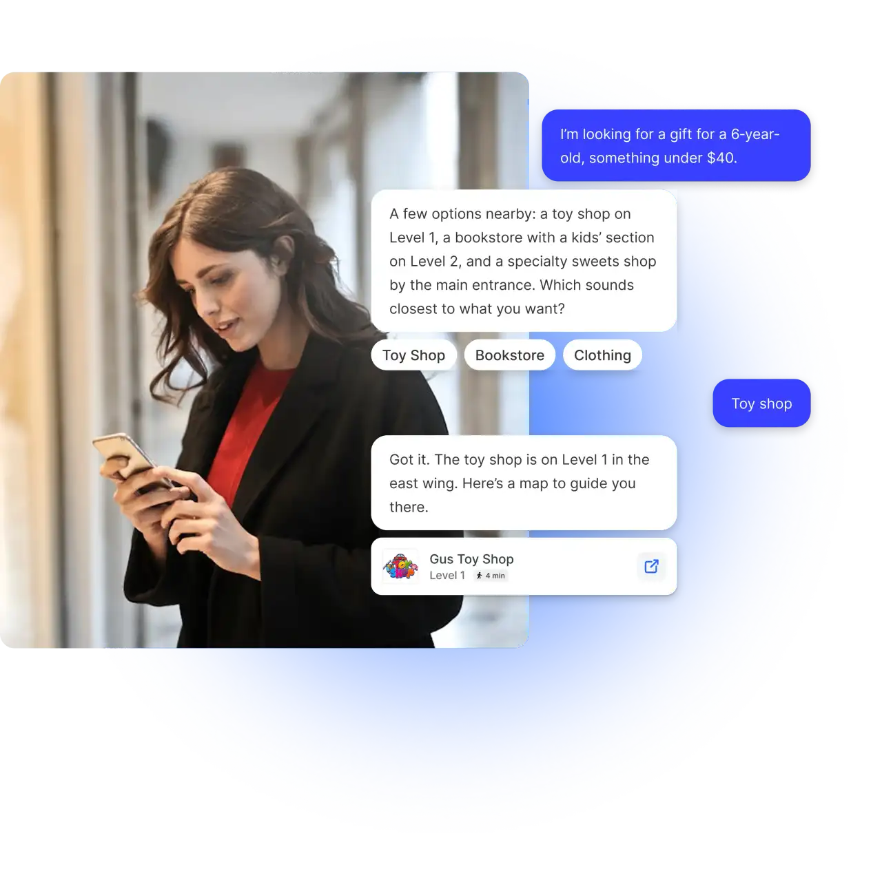 Shopper using AI Chat on a phone with suggested stores and an indoor map with directions to a toy shop.