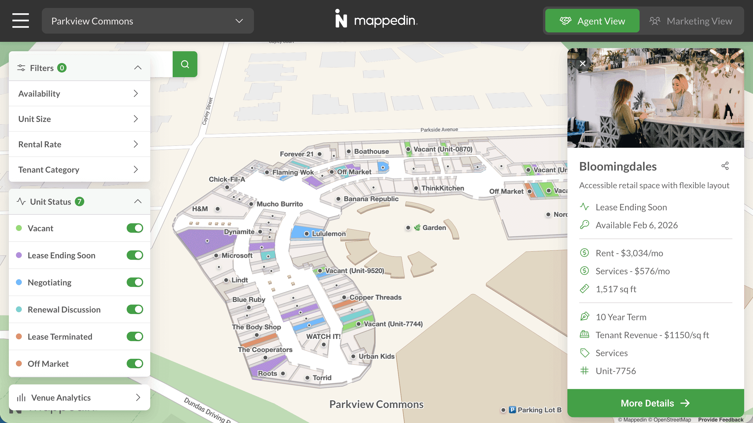 Mappedin Leasing Agent View showing Parkview Commons mall map with unit status filters and a tenant lease detail panel