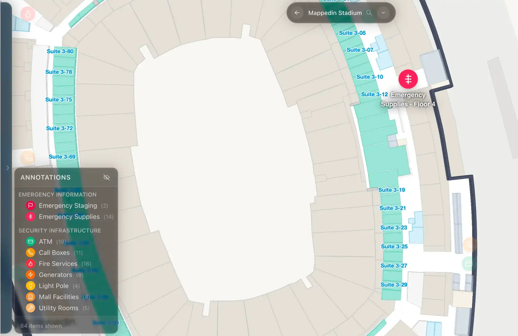 Emergency information and security infrastructure annotations on a floor plan