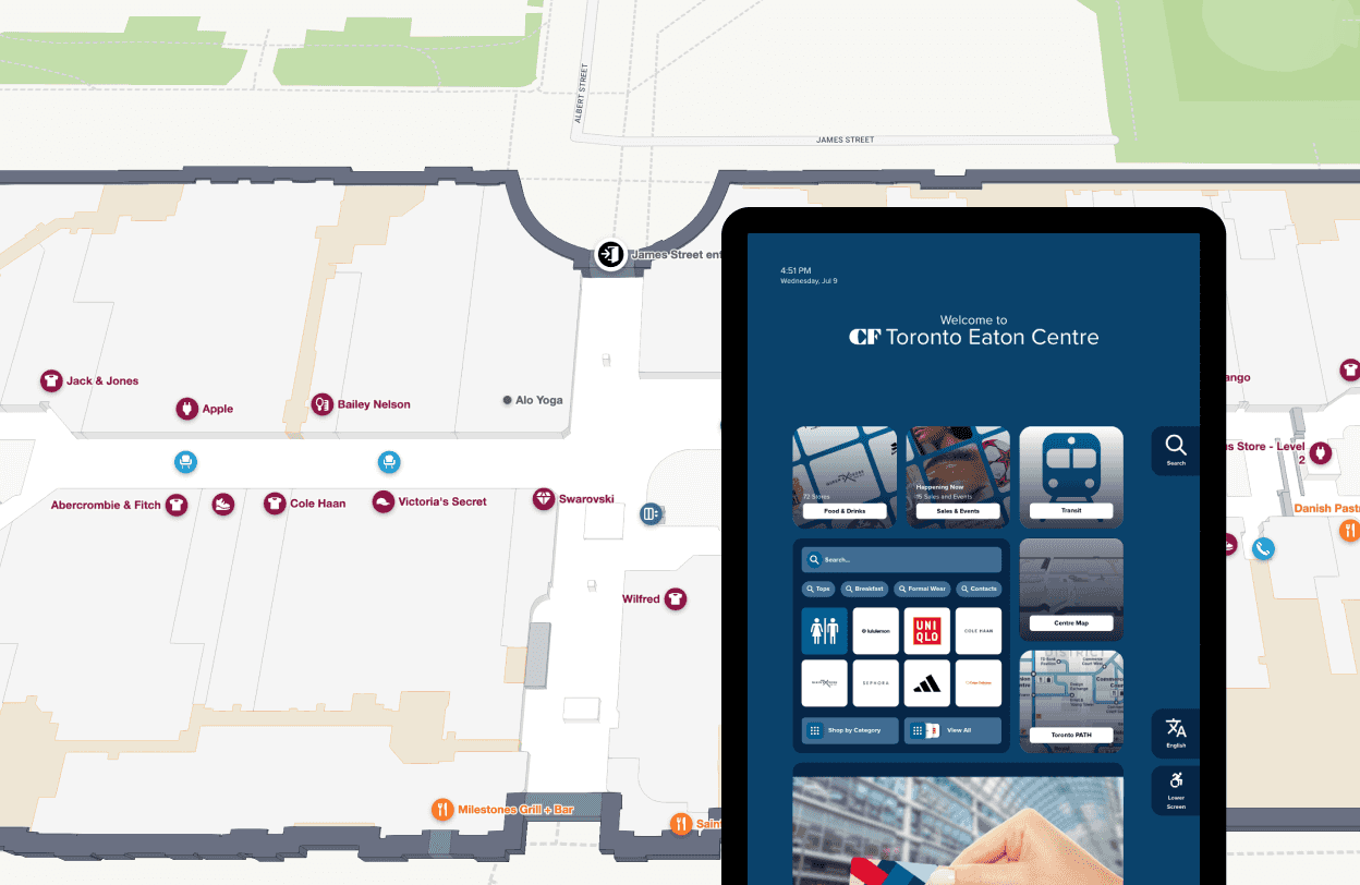 CF Toronto Eaton Centre directory and indoor map on a digital kiosk