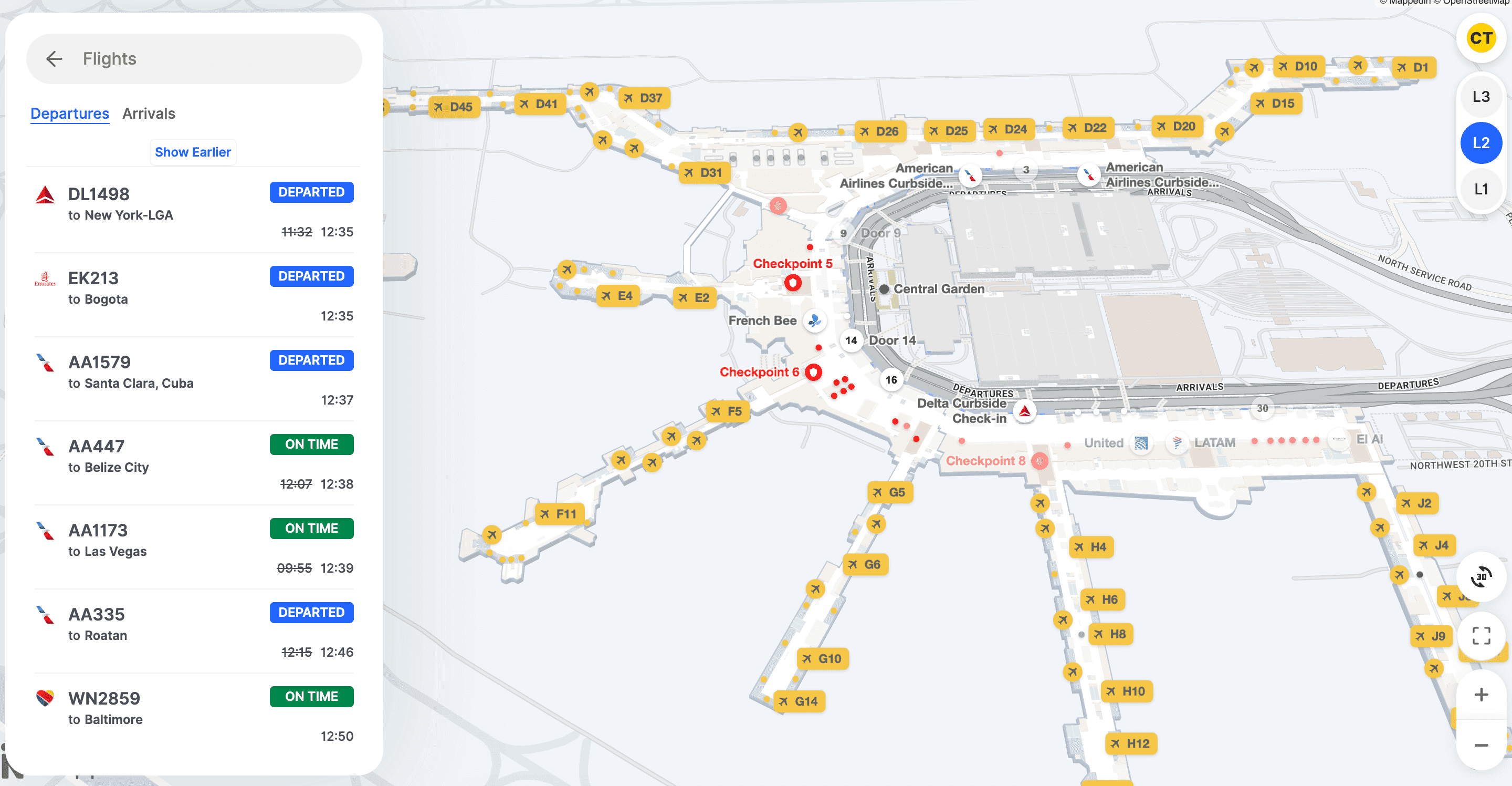 Miami Airport map with flight times