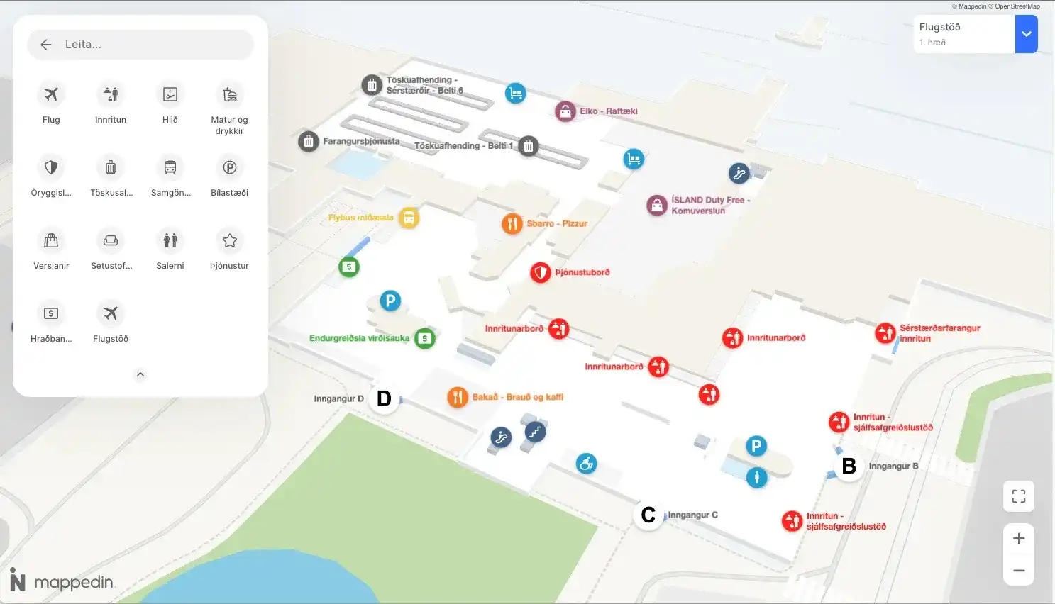 KEF airport map overview and categories in Icelandic