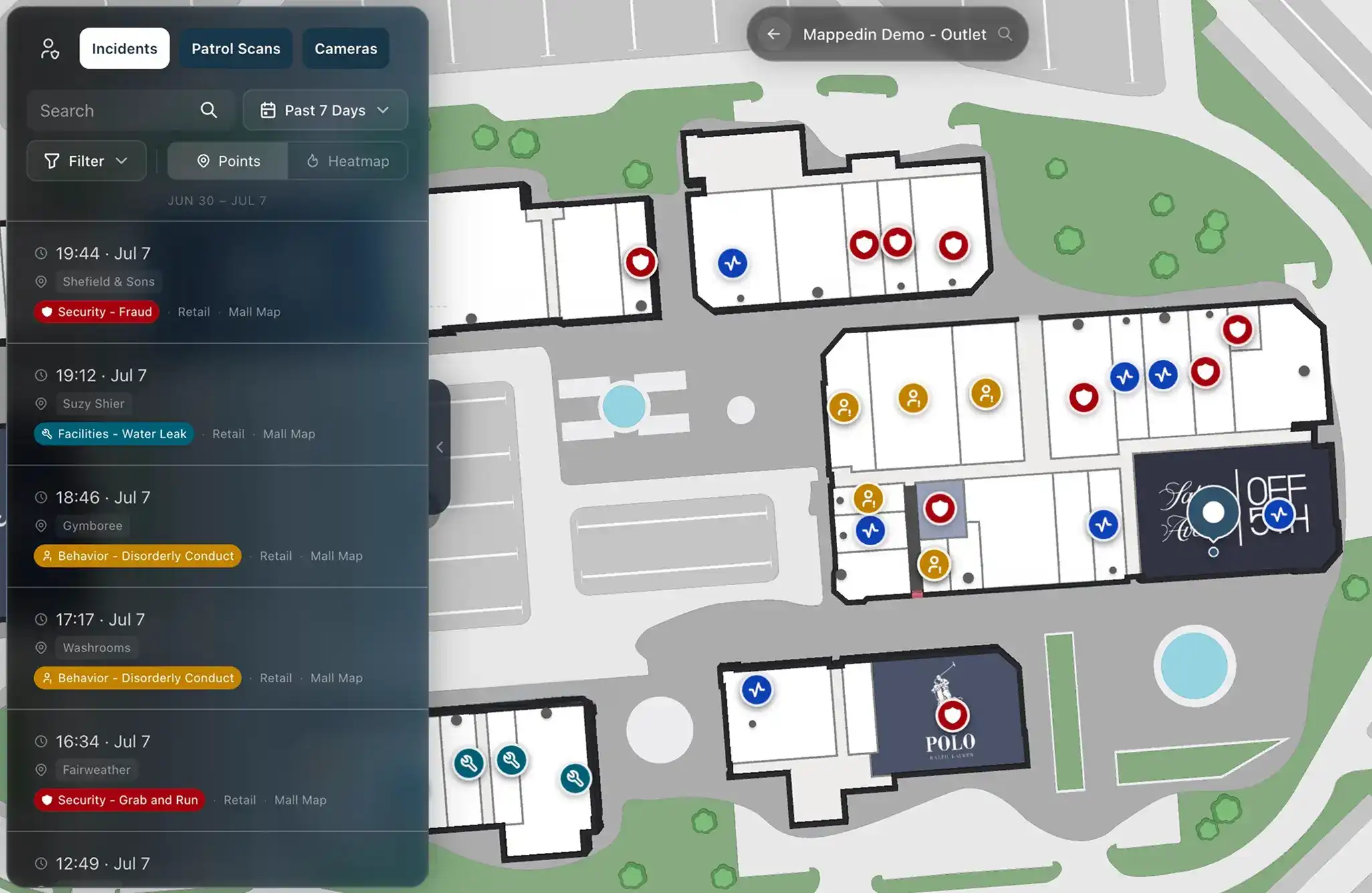Mappedin security command center with a live indoor incident map