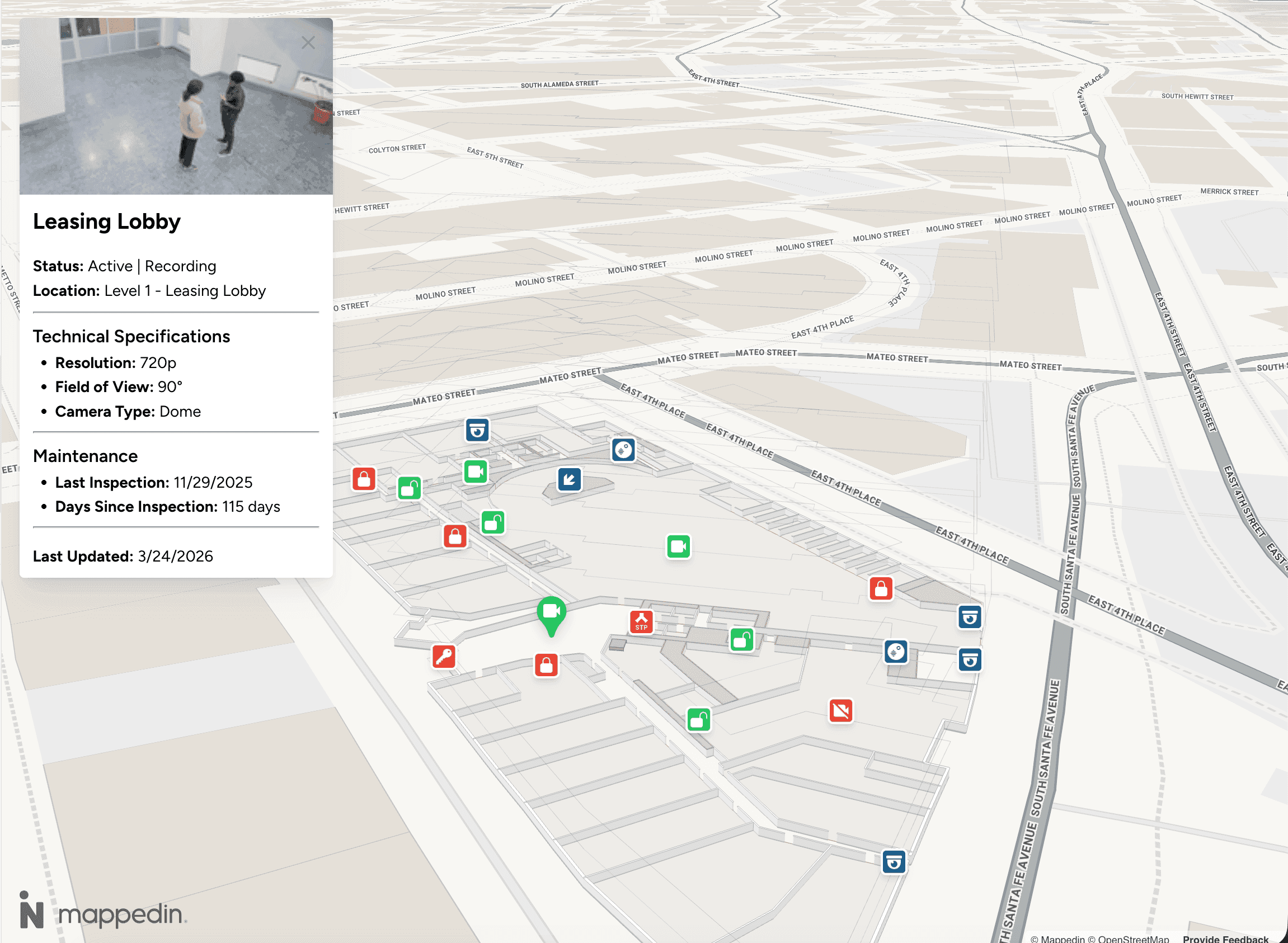 Security camera feed management in security map
