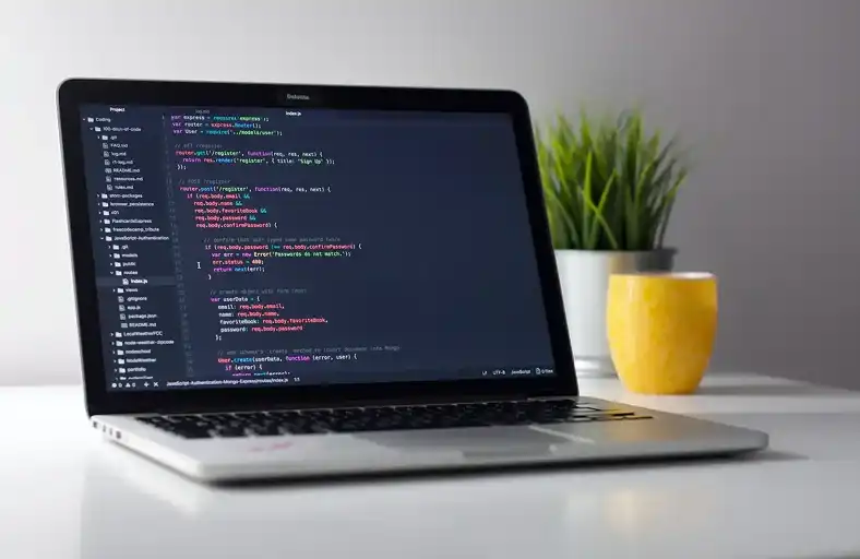 Laptop with code editor on screen