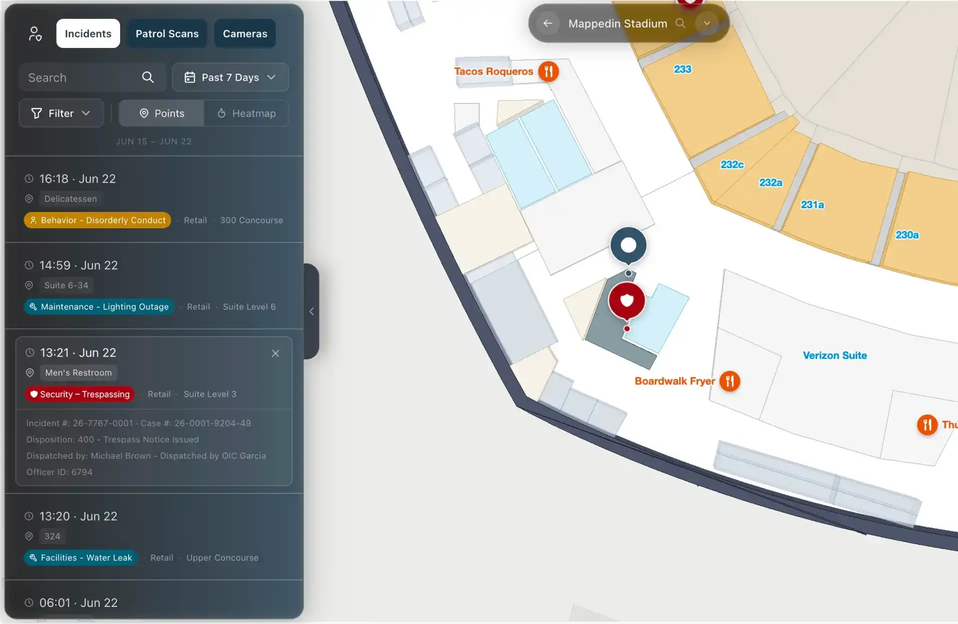 Mappedin security incident map with a live activity feed