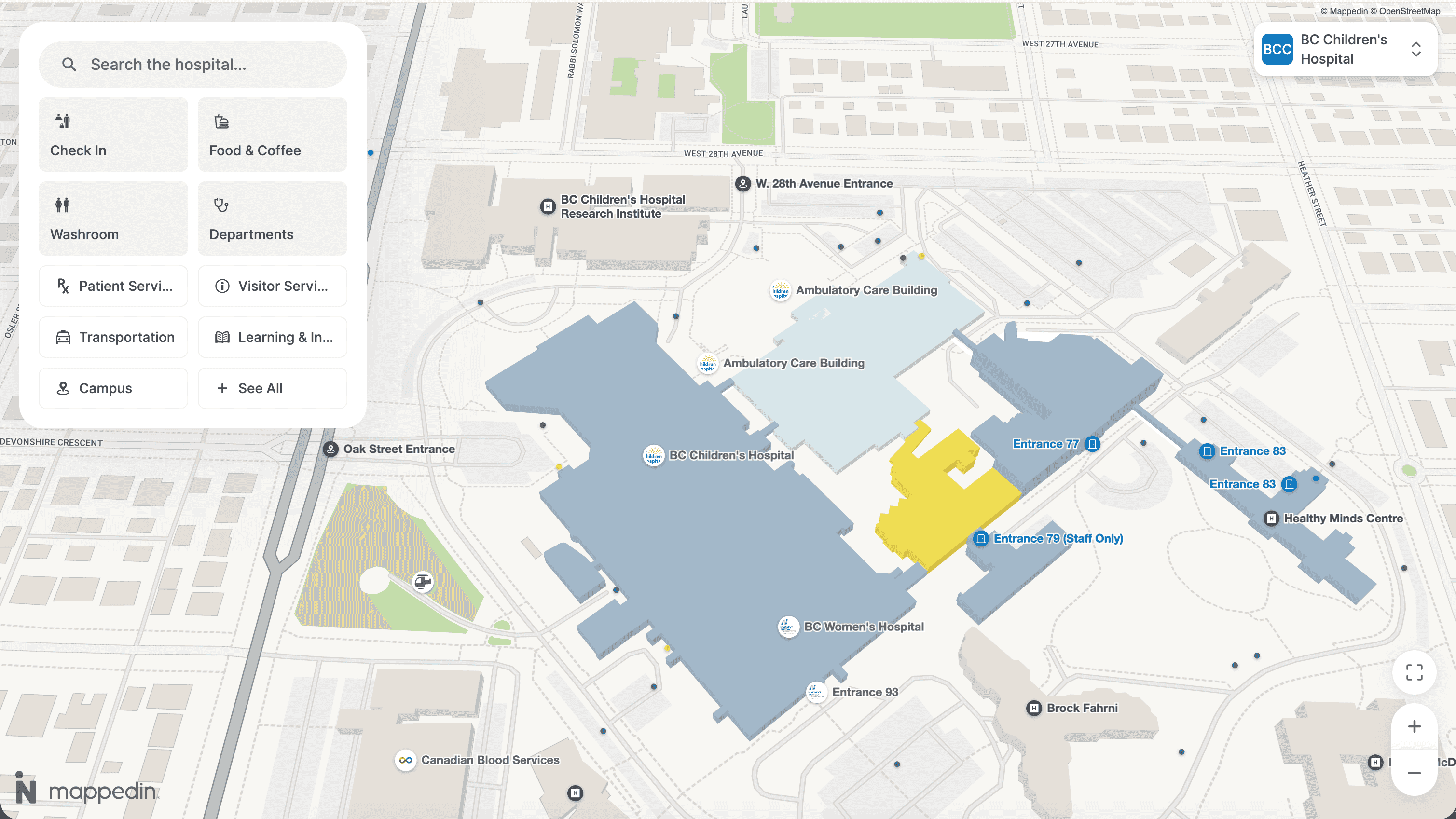 Interactive hospital wayfinding map of BC Childrens Hospital
